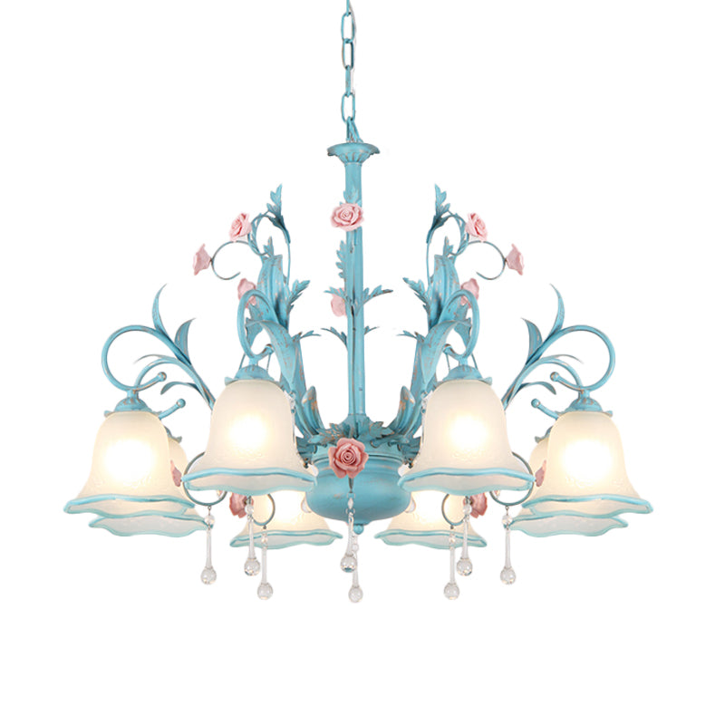 3/5/8-Head Chandelier Light Pastoral Kitchen Pendant Lamp with Scallop-Trim White Glass Shade in Blue Clearhalo 'Ceiling Lights' 'Chandeliers' Lighting' options 882128