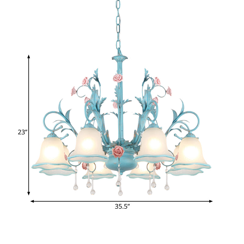 3/5/8-Head Chandelier Light Pastoral Kitchen Pendant Lamp with Scallop-Trim White Glass Shade in Blue Clearhalo 'Ceiling Lights' 'Chandeliers' Lighting' options 882129