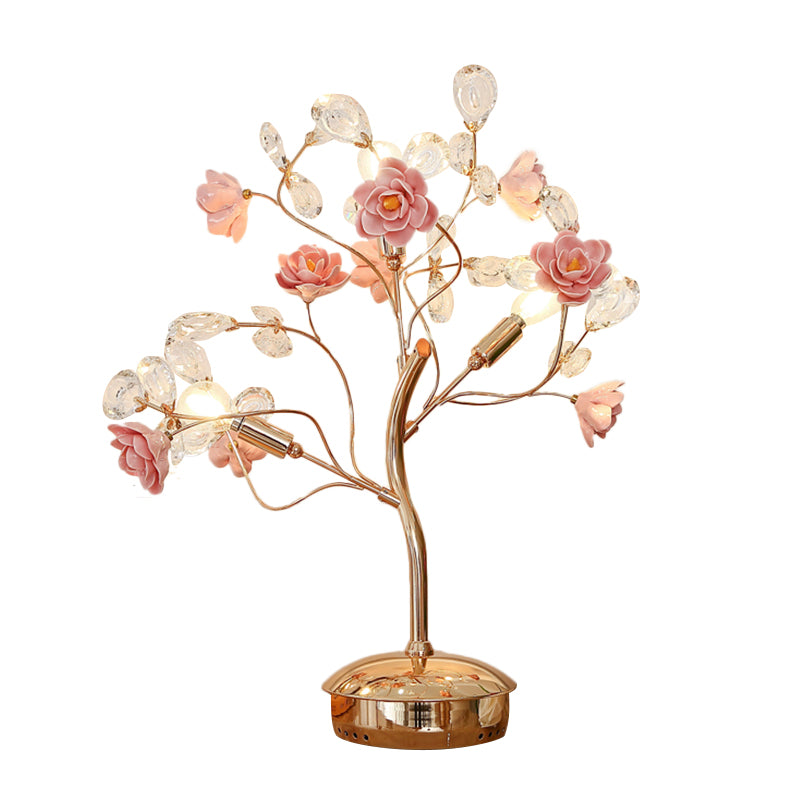 Postmodern Floral Table Lamp 3 Bulbs Crystal Night Light in Pink with Branching Design Clearhalo 'Lamps' 'Table Lamps' Lighting' 882147