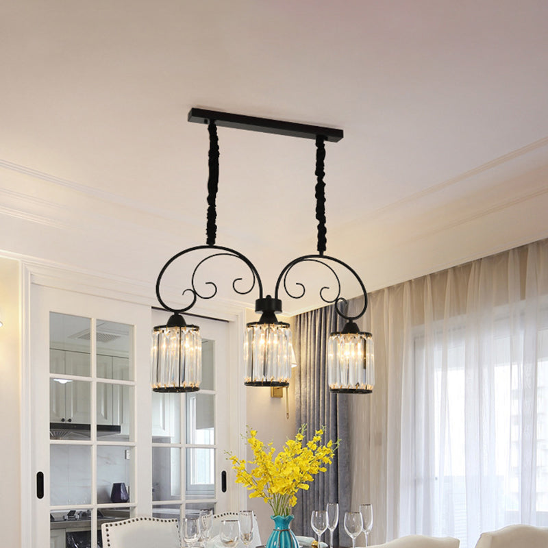 Contemporary Cylinder Island Light 3 Heads Clear Crystal Block Pendant in Black with Scrolling Arm Black Clearhalo 'Ceiling Lights' 'Island Lights' Lighting' 882162