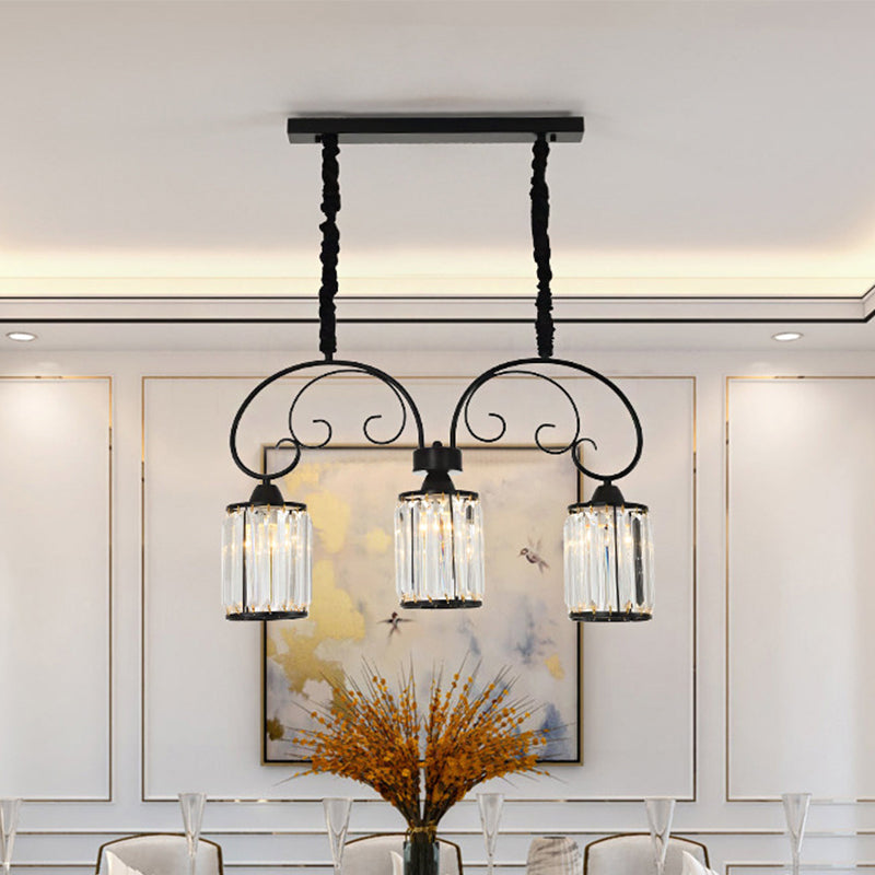 Contemporary Cylinder Island Light 3 Heads Clear Crystal Block Pendant in Black with Scrolling Arm Clearhalo 'Ceiling Lights' 'Island Lights' Lighting' 882163