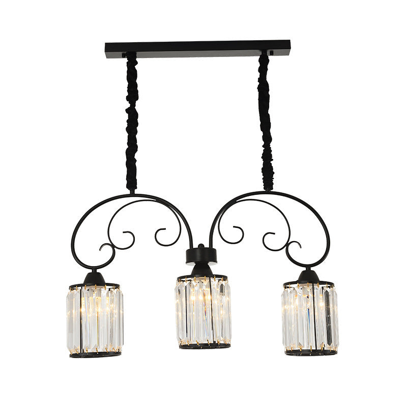 Contemporary Cylinder Island Light 3 Heads Clear Crystal Block Pendant in Black with Scrolling Arm Clearhalo 'Ceiling Lights' 'Island Lights' Lighting' 882164