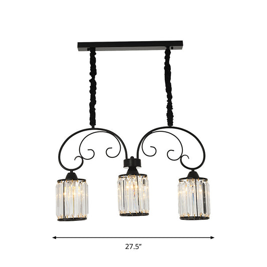 Contemporary Cylinder Island Light 3 Heads Clear Crystal Block Pendant in Black with Scrolling Arm Clearhalo 'Ceiling Lights' 'Island Lights' Lighting' 882165