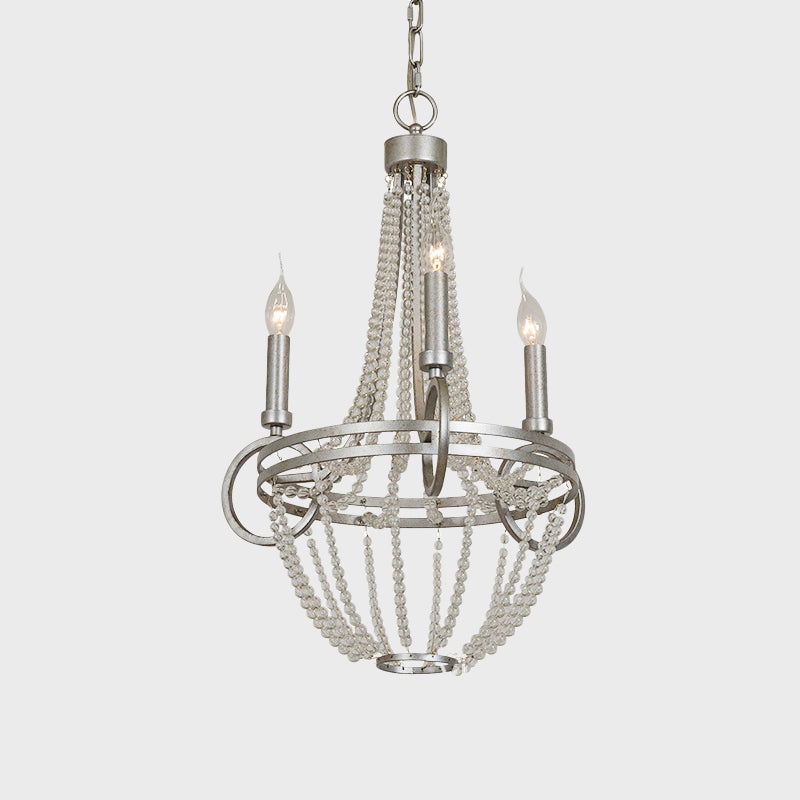 Silver 3 Bulbs Pendant Chandelier Rustic Crystal Bead Candelabra Suspension Light for Dining Room Clearhalo 'Ceiling Lights' 'Chandeliers' Lighting' options 882168