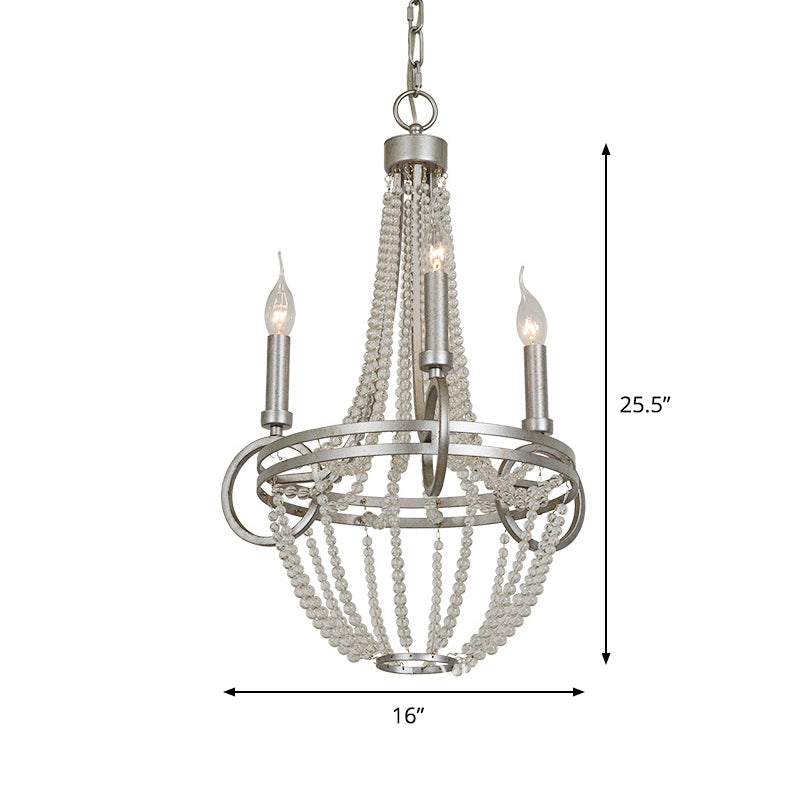 Silver 3 Bulbs Pendant Chandelier Rustic Crystal Bead Candelabra Suspension Light for Dining Room Clearhalo 'Ceiling Lights' 'Chandeliers' Lighting' options 882169