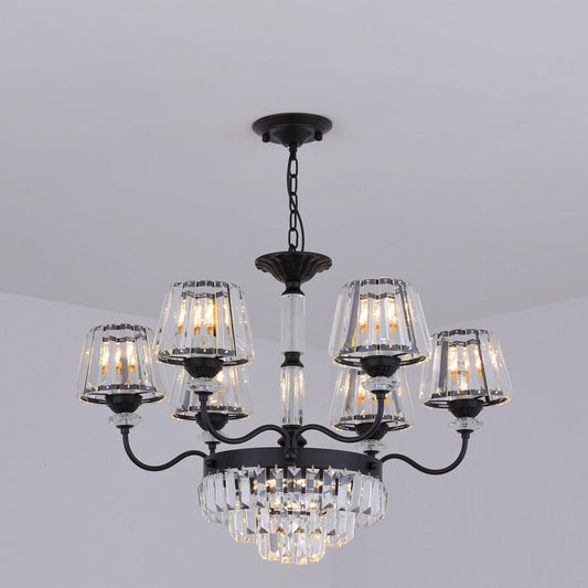 K9 Crystal Tapered Ceiling Light Simple 9 Heads Dining Room Chandelier Lighting Fixture in Black Black Clearhalo 'Ceiling Lights' 'Chandeliers' 'Modern Chandeliers' 'Modern' Lighting' 882201