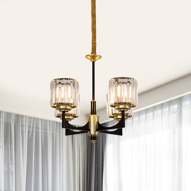 Black and Gold Cylinder Chandelier Modern Clear Crystal Glass 4/6 Heads Dining Room Pendant 4 Black-Gold Clearhalo 'Ceiling Lights' 'Chandeliers' 'Modern Chandeliers' 'Modern' Lighting' 882232