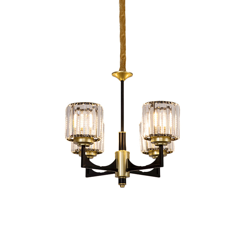 Black and Gold Cylinder Chandelier Modern Clear Crystal Glass 4/6 Heads Dining Room Pendant Clearhalo 'Ceiling Lights' 'Chandeliers' 'Modern Chandeliers' 'Modern' Lighting' 882233