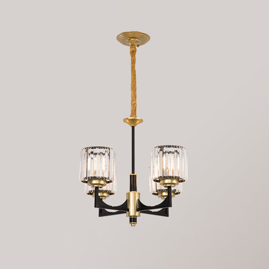 Black and Gold Cylinder Chandelier Modern Clear Crystal Glass 4/6 Heads Dining Room Pendant Clearhalo 'Ceiling Lights' 'Chandeliers' 'Modern Chandeliers' 'Modern' Lighting' 882234