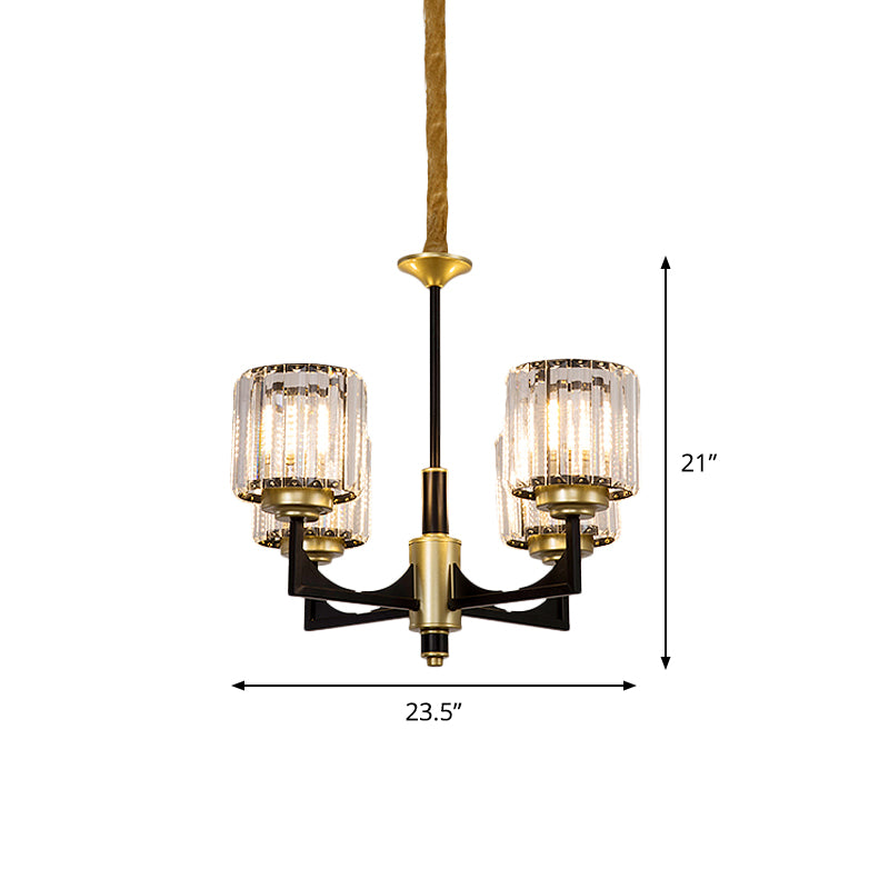 Black and Gold Cylinder Chandelier Modern Clear Crystal Glass 4/6 Heads Dining Room Pendant Clearhalo 'Ceiling Lights' 'Chandeliers' 'Modern Chandeliers' 'Modern' Lighting' 882235