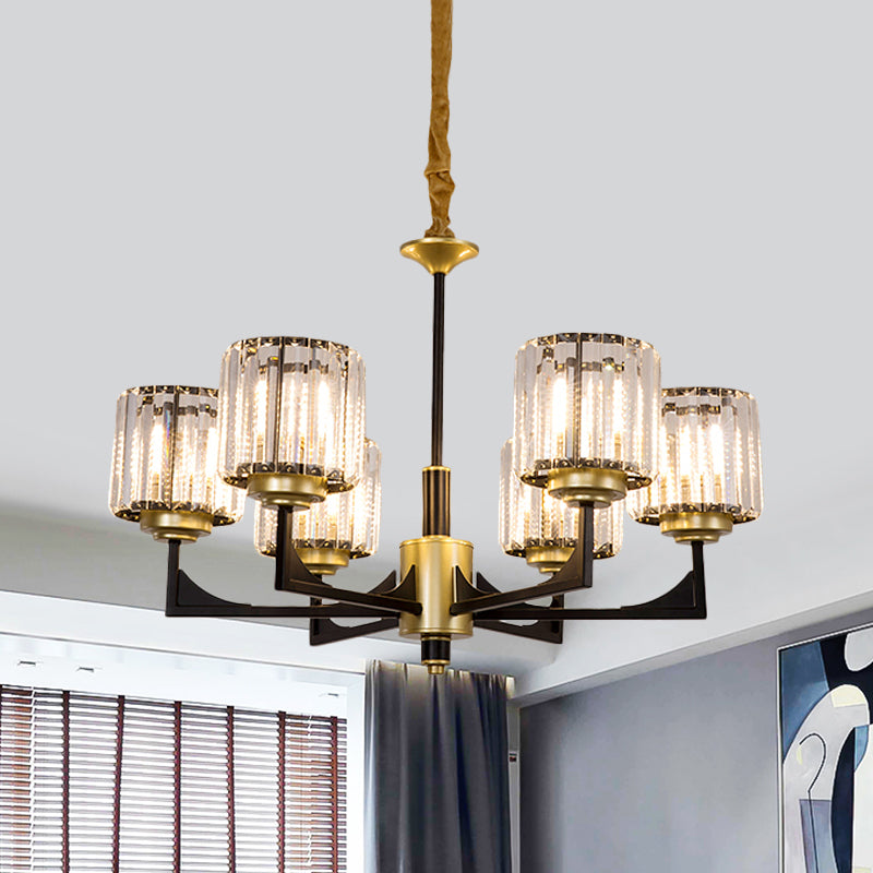 Black and Gold Cylinder Chandelier Modern Clear Crystal Glass 4/6 Heads Dining Room Pendant 6 Black-Gold Clearhalo 'Ceiling Lights' 'Chandeliers' 'Modern Chandeliers' 'Modern' Lighting' 882236