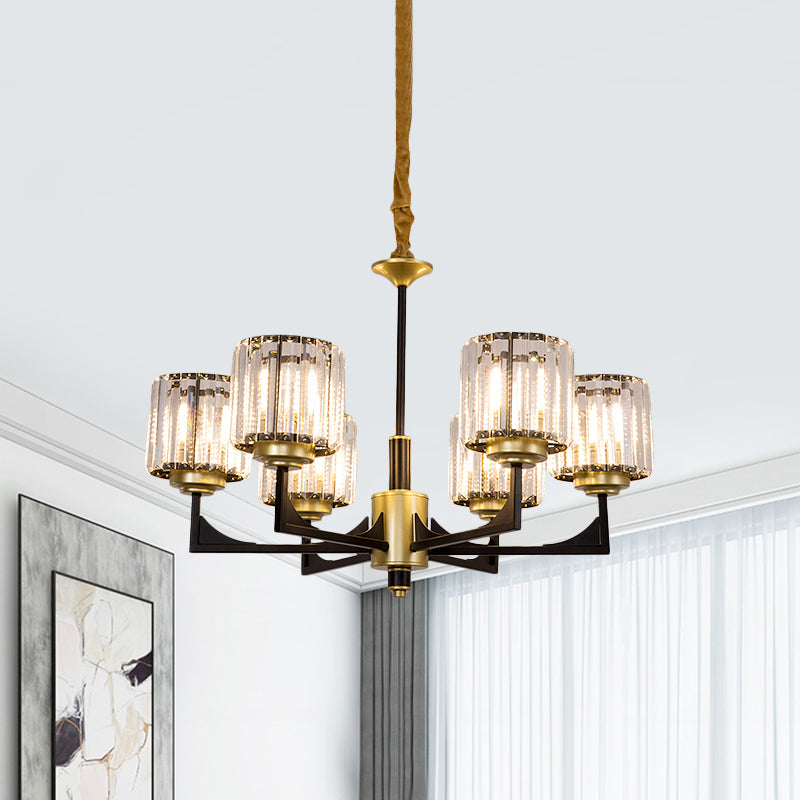 Black and Gold Cylinder Chandelier Modern Clear Crystal Glass 4/6 Heads Dining Room Pendant Clearhalo 'Ceiling Lights' 'Chandeliers' 'Modern Chandeliers' 'Modern' Lighting' 882237