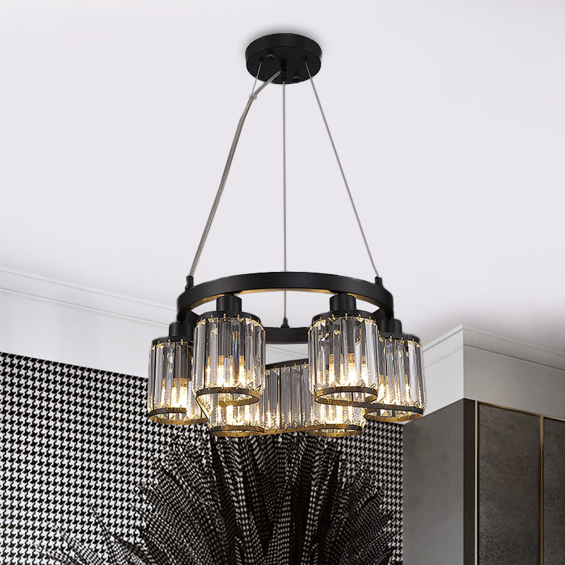 Clear Crystal Black Suspension Light Cylindrical 6/8 Lights Modernism Chandelier Lighting Fixture 6 Black Clearhalo 'Ceiling Lights' 'Chandeliers' 'Modern Chandeliers' 'Modern' Lighting' 882241