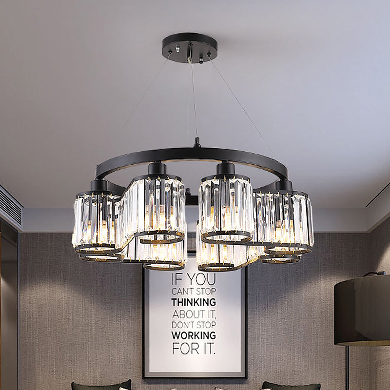 Clear Crystal Black Suspension Light Cylindrical 6/8 Lights Modernism Chandelier Lighting Fixture 8 Black Clearhalo 'Ceiling Lights' 'Chandeliers' 'Modern Chandeliers' 'Modern' Lighting' 882245