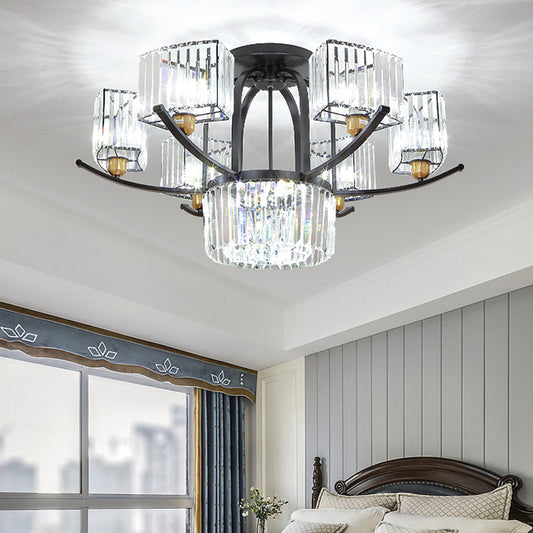 9/12-Head Semi Flush Mount Modernism Sputnik Crystal Block Flush Light Fixture in Black 9 Black Clearhalo 'Ceiling Lights' 'Close To Ceiling Lights' 'Close to ceiling' 'Semi-flushmount' Lighting' 882254