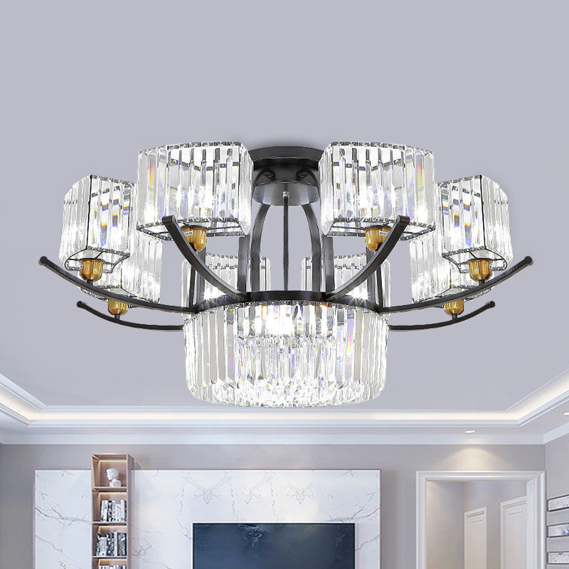 9/12-Head Semi Flush Mount Modernism Sputnik Crystal Block Flush Light Fixture in Black 12 Black Clearhalo 'Ceiling Lights' 'Close To Ceiling Lights' 'Close to ceiling' 'Semi-flushmount' Lighting' 882258