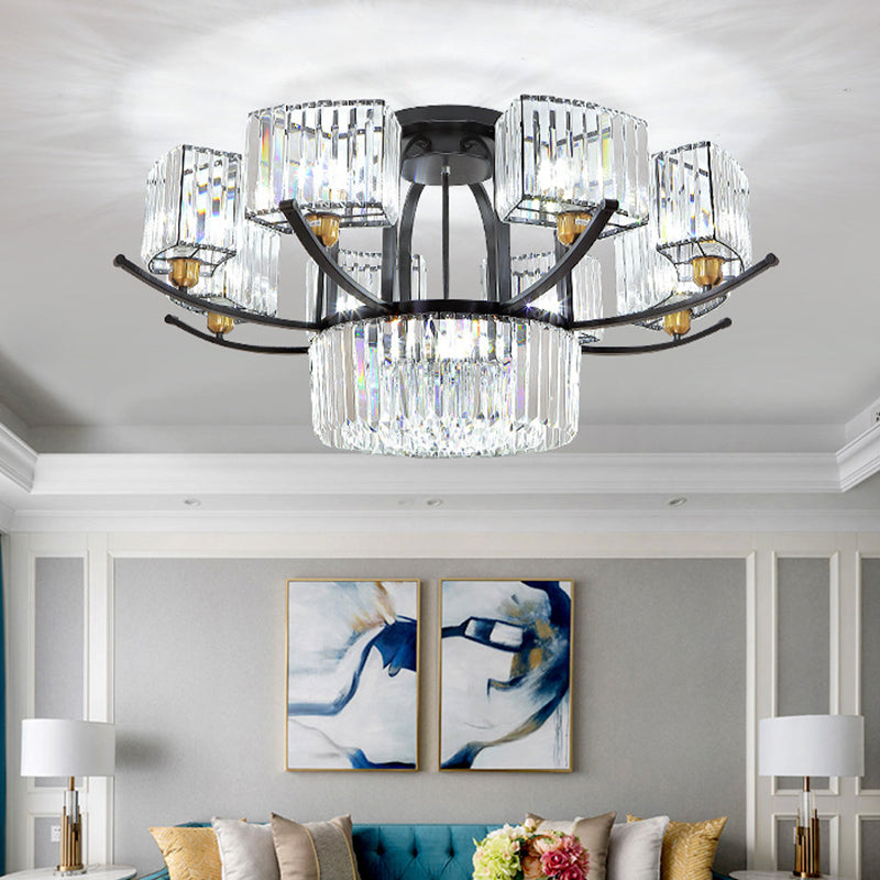 9/12-Head Semi Flush Mount Modernism Sputnik Crystal Block Flush Light Fixture in Black Clearhalo 'Ceiling Lights' 'Close To Ceiling Lights' 'Close to ceiling' 'Semi-flushmount' Lighting' 882259