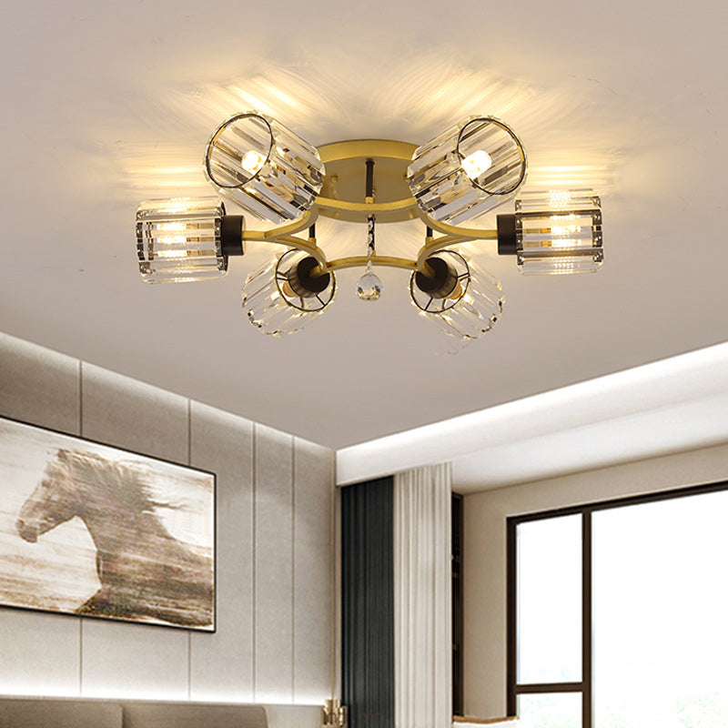 K9 Crystal Gold Flushmount Cylindrical 3/6 Heads Contemporary Semi Flush Mount Light Fixture Clearhalo 'Ceiling Lights' 'Close To Ceiling Lights' 'Close to ceiling' 'Semi-flushmount' Lighting' 882286