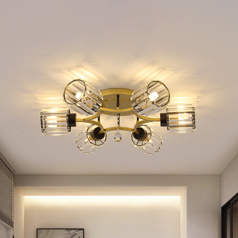 K9 Crystal Gold Flushmount Cylindrical 3/6 Heads Contemporary Semi Flush Mount Light Fixture Clearhalo 'Ceiling Lights' 'Close To Ceiling Lights' 'Close to ceiling' 'Semi-flushmount' Lighting' 882287