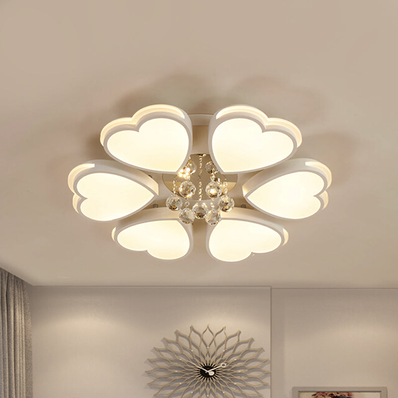 Acrylic Heart Flush Mount Light Modern 6 Bulbs Living Room Flushmount in White with Crystal Ball Clearhalo 'Ceiling Lights' 'Close To Ceiling Lights' 'Close to ceiling' 'Flush mount' Lighting' 882291