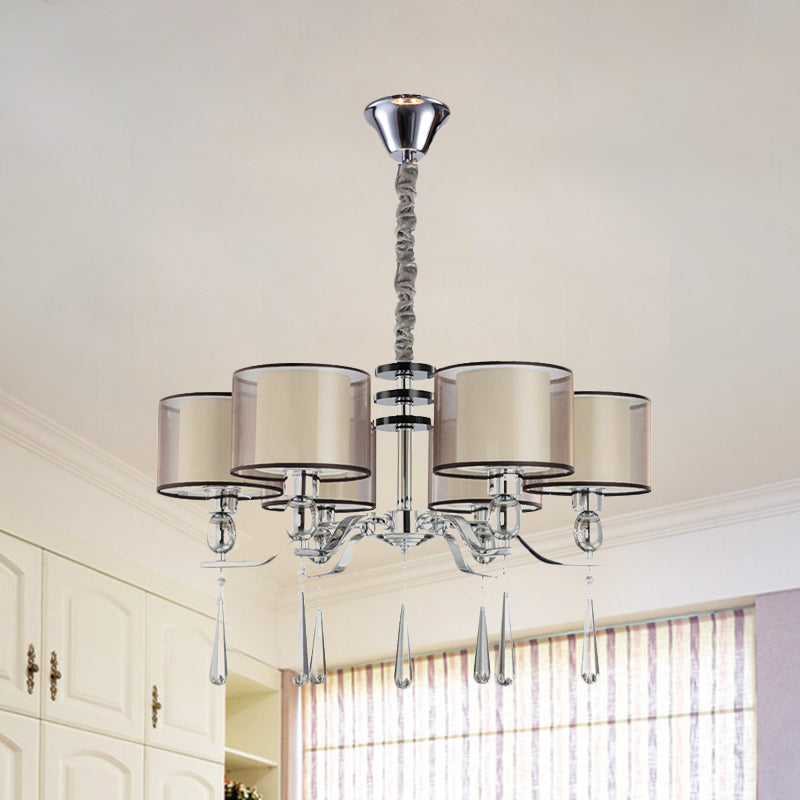 6 Bulbs Cylinder Chandelier Light Rustic Chrome Fabric Pendant Lighting Fixture with Crystal Drop Clearhalo 'Ceiling Lights' 'Chandeliers' Lighting' options 882298