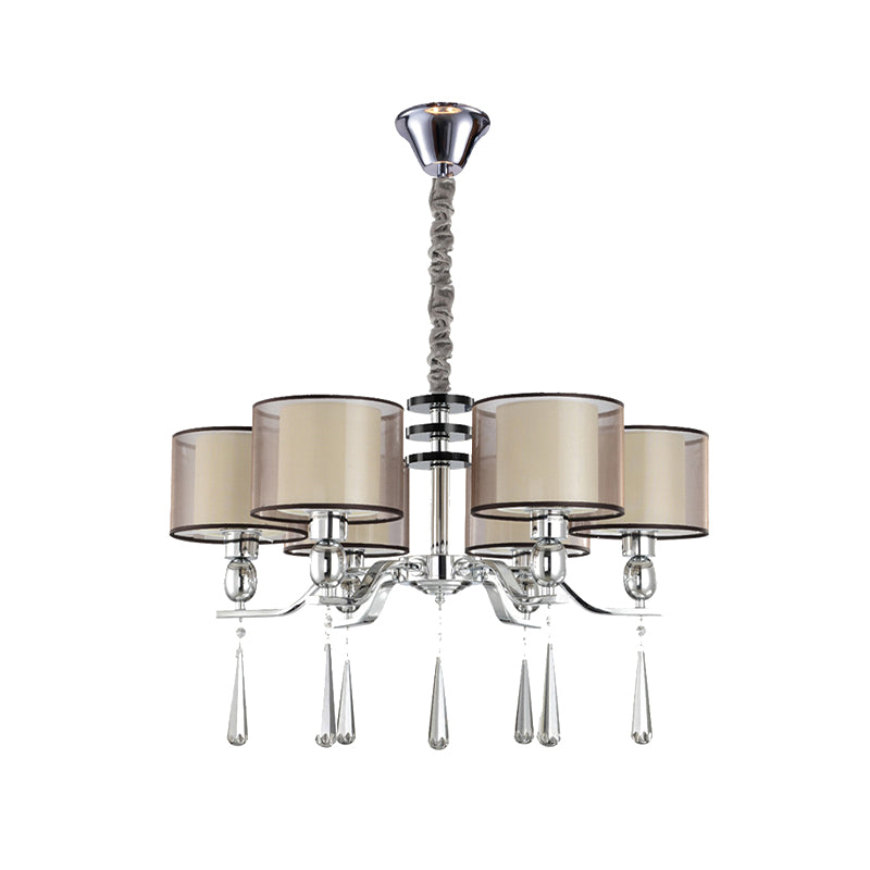 6 Bulbs Cylinder Chandelier Light Rustic Chrome Fabric Pendant Lighting Fixture with Crystal Drop Clearhalo 'Ceiling Lights' 'Chandeliers' Lighting' options 882299