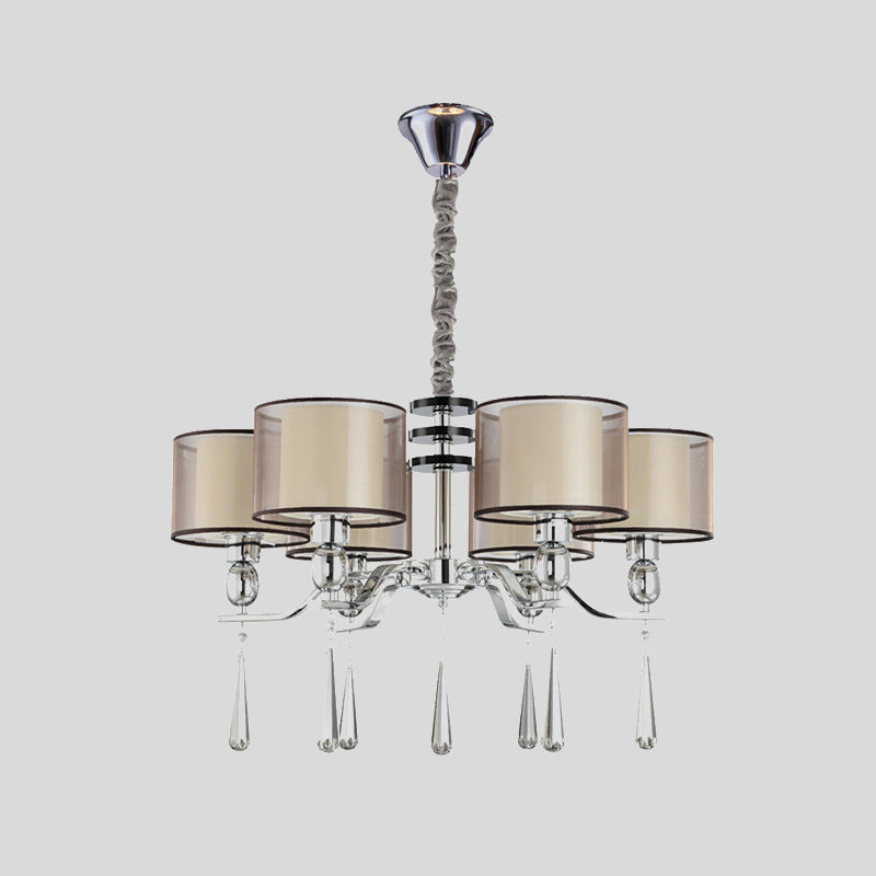 6 Bulbs Cylinder Chandelier Light Rustic Chrome Fabric Pendant Lighting Fixture with Crystal Drop Clearhalo 'Ceiling Lights' 'Chandeliers' Lighting' options 882300