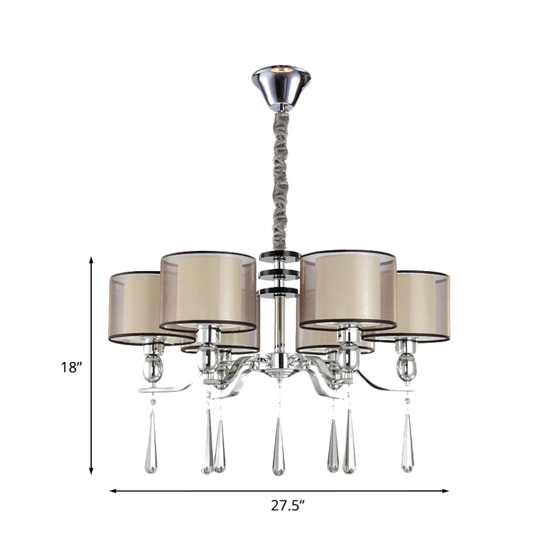 6 Bulbs Cylinder Chandelier Light Rustic Chrome Fabric Pendant Lighting Fixture with Crystal Drop Clearhalo 'Ceiling Lights' 'Chandeliers' Lighting' options 882301