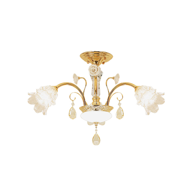 Flower Dining Room Chandelier Lamp Mid Century Clear Glass 3/6-Bulb Gold Pendant with Crystal Accent Clearhalo 'Ceiling Lights' 'Chandeliers' Lighting' options 882303