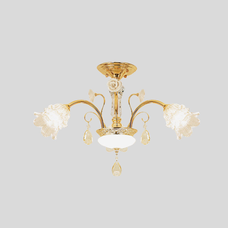 Flower Dining Room Chandelier Lamp Mid Century Clear Glass 3/6-Bulb Gold Pendant with Crystal Accent Clearhalo 'Ceiling Lights' 'Chandeliers' Lighting' options 882304