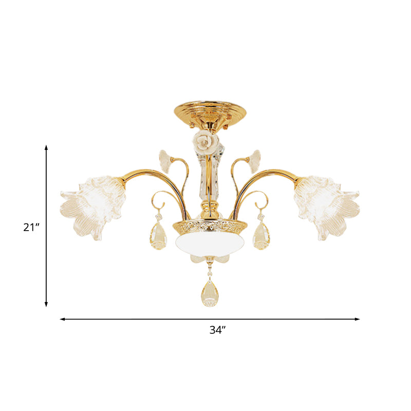 Flower Dining Room Chandelier Lamp Mid Century Clear Glass 3/6-Bulb Gold Pendant with Crystal Accent Clearhalo 'Ceiling Lights' 'Chandeliers' Lighting' options 882305