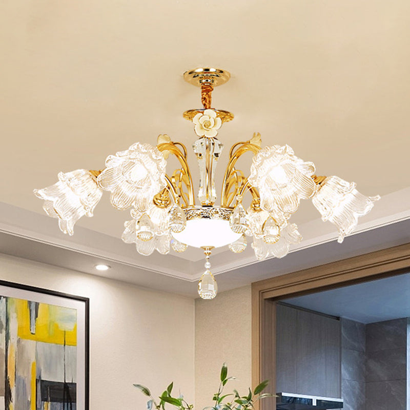 Flower Dining Room Chandelier Lamp Mid Century Clear Glass 3/6-Bulb Gold Pendant with Crystal Accent Clearhalo 'Ceiling Lights' 'Chandeliers' Lighting' options 882306