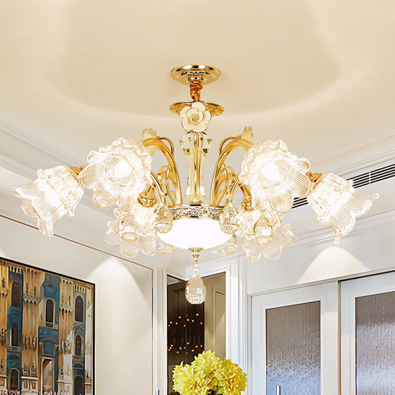 Flower Dining Room Chandelier Lamp Mid Century Clear Glass 3/6-Bulb Gold Pendant with Crystal Accent Clearhalo 'Ceiling Lights' 'Chandeliers' Lighting' options 882307