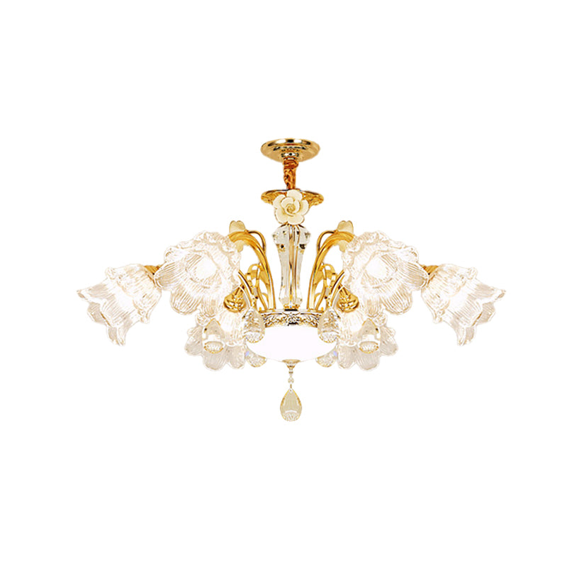 Flower Dining Room Chandelier Lamp Mid Century Clear Glass 3/6-Bulb Gold Pendant with Crystal Accent Clearhalo 'Ceiling Lights' 'Chandeliers' Lighting' options 882308