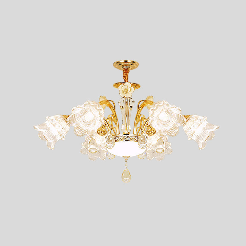 Flower Dining Room Chandelier Lamp Mid Century Clear Glass 3/6-Bulb Gold Pendant with Crystal Accent Clearhalo 'Ceiling Lights' 'Chandeliers' Lighting' options 882309