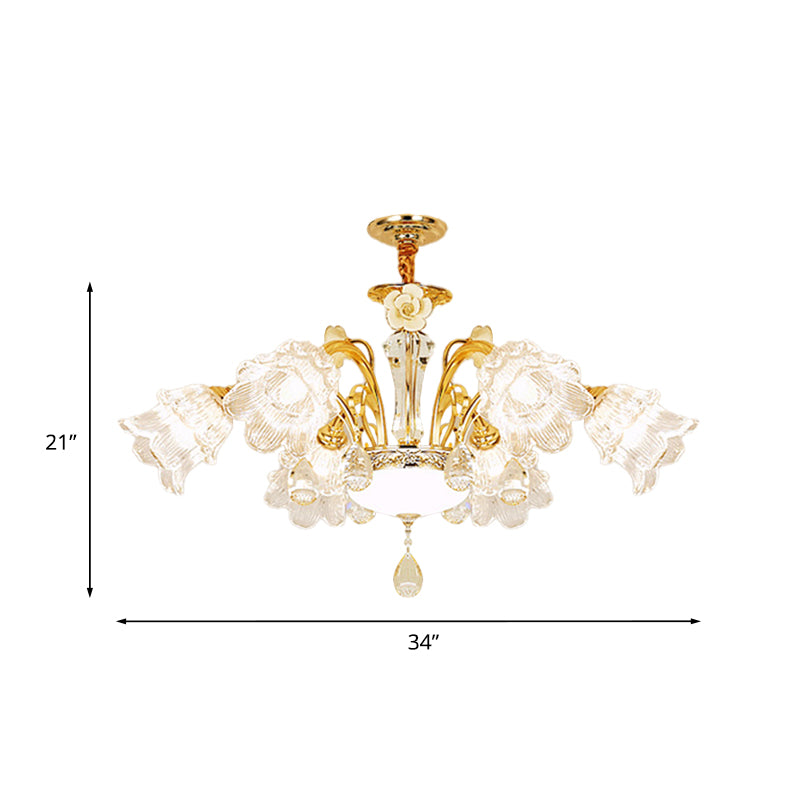 Flower Dining Room Chandelier Lamp Mid Century Clear Glass 3/6-Bulb Gold Pendant with Crystal Accent Clearhalo 'Ceiling Lights' 'Chandeliers' Lighting' options 882310