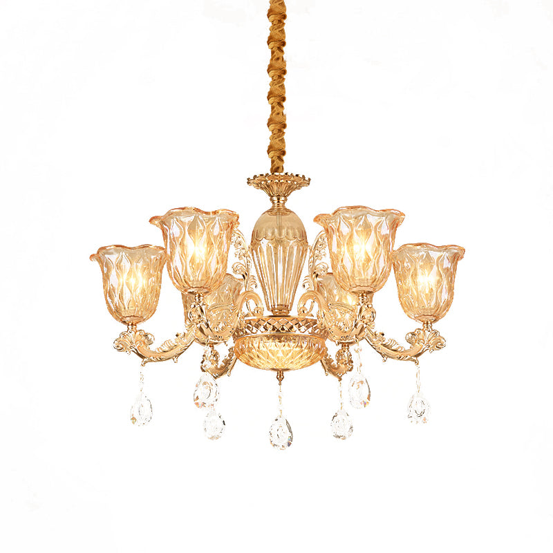 Gold 6-Bulb Pendant Light Fixture Mid Century Amber Glass Floral Chandelier with Crystal Drop Clearhalo 'Ceiling Lights' 'Chandeliers' Lighting' options 882312