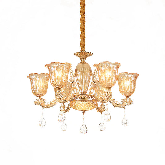 Gold 6-Bulb Pendant Light Fixture Mid Century Amber Glass Floral Chandelier with Crystal Drop Clearhalo 'Ceiling Lights' 'Chandeliers' Lighting' options 882312