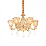 Gold 6-Bulb Pendant Light Fixture Mid Century Amber Glass Floral Chandelier with Crystal Drop Clearhalo 'Ceiling Lights' 'Chandeliers' Lighting' options 882312