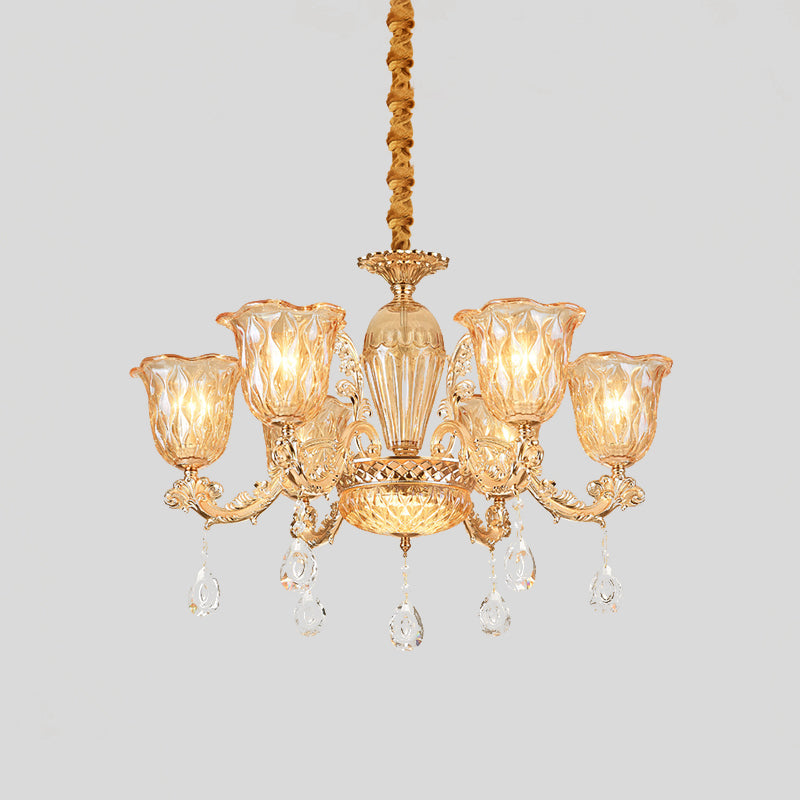 Gold 6-Bulb Pendant Light Fixture Mid Century Amber Glass Floral Chandelier with Crystal Drop Clearhalo 'Ceiling Lights' 'Chandeliers' Lighting' options 882313