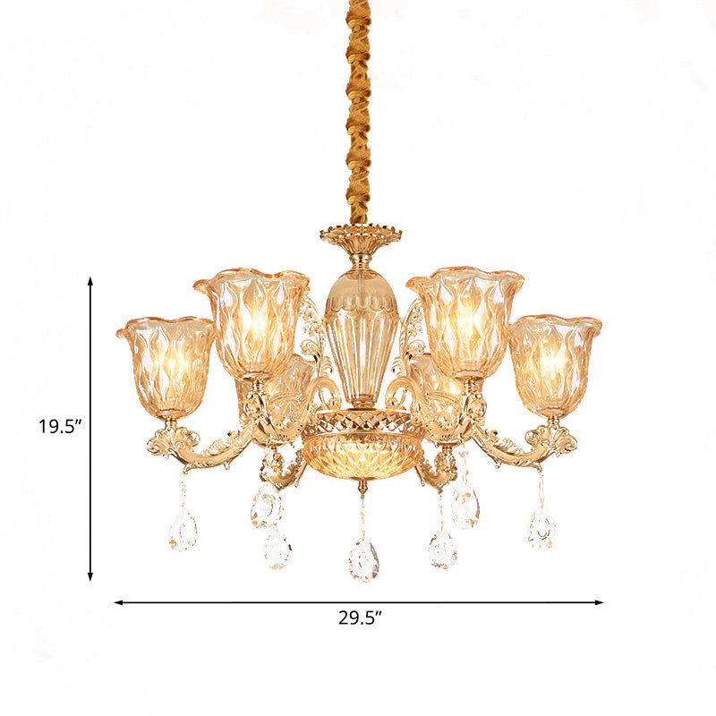 Gold 6-Bulb Pendant Light Fixture Mid Century Amber Glass Floral Chandelier with Crystal Drop Clearhalo 'Ceiling Lights' 'Chandeliers' Lighting' options 882314