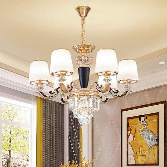 Opal Glass Cone Hanging Pendant Mid-Century 6 Heads Bedroom Chandelier in Black and Gold with Crystal Decor Clearhalo 'Ceiling Lights' 'Chandeliers' Lighting' options 882316