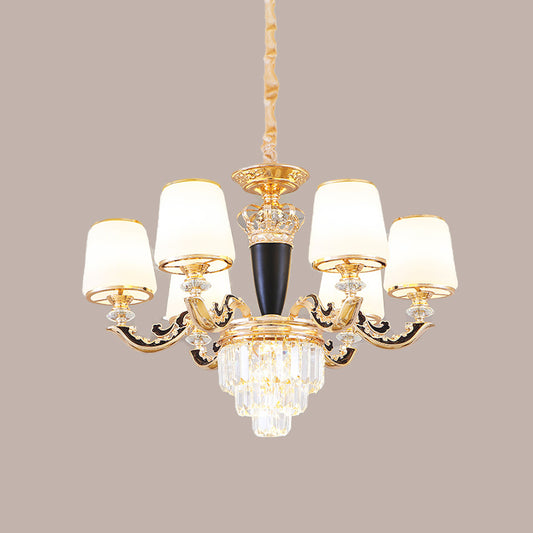 Opal Glass Cone Hanging Pendant Mid-Century 6 Heads Bedroom Chandelier in Black and Gold with Crystal Decor Clearhalo 'Ceiling Lights' 'Chandeliers' Lighting' options 882317