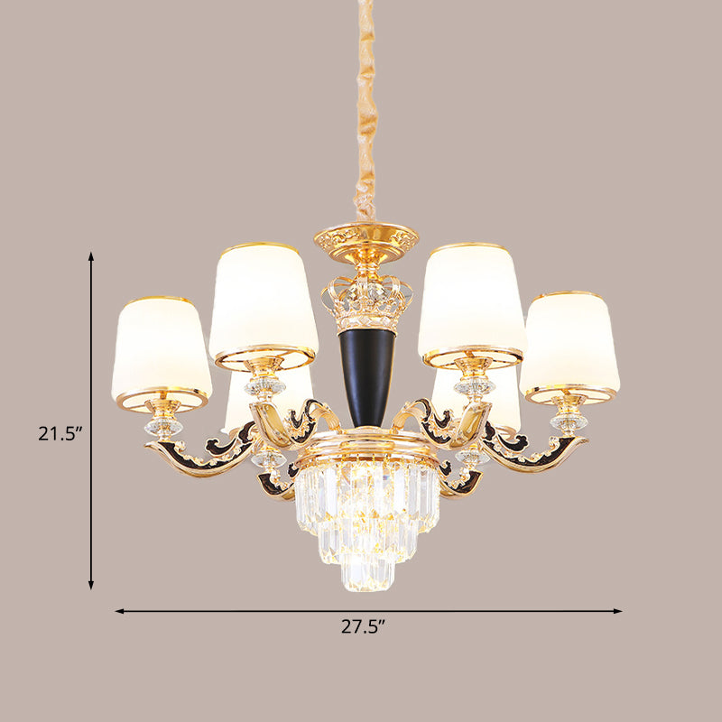 Opal Glass Cone Hanging Pendant Mid-Century 6 Heads Bedroom Chandelier in Black and Gold with Crystal Decor Clearhalo 'Ceiling Lights' 'Chandeliers' Lighting' options 882318