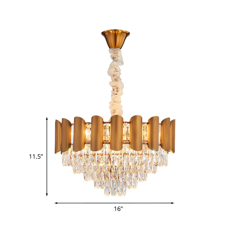 Tapered Crystal Suspension Lamp Modernism 6-Light Dining Room Chandelier Lighting in Brass Clearhalo 'Ceiling Lights' 'Chandeliers' 'Modern Chandeliers' 'Modern' Lighting' 882345