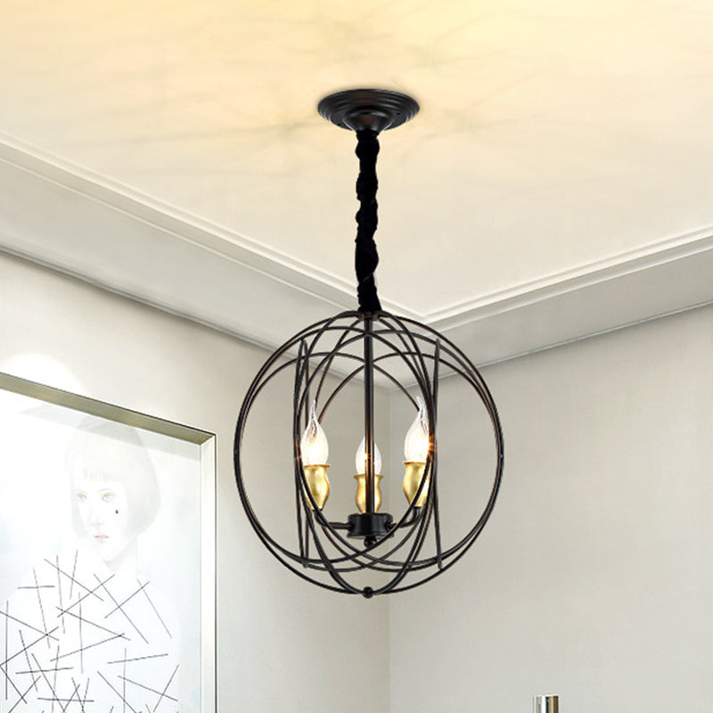 Black Candle Ceiling Pendant Rustic Metal 3 Bulbs Dining Room Chandelier Light with Globe Cage Clearhalo 'Ceiling Lights' 'Chandeliers' Lighting' options 882353