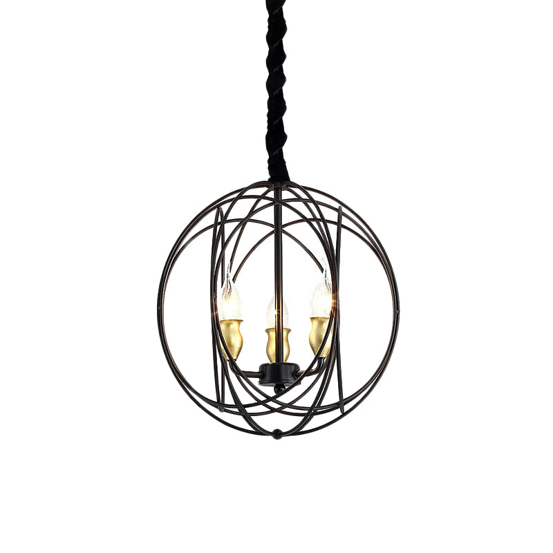 Black Candle Ceiling Pendant Rustic Metal 3 Bulbs Dining Room Chandelier Light with Globe Cage Clearhalo 'Ceiling Lights' 'Chandeliers' Lighting' options 882354