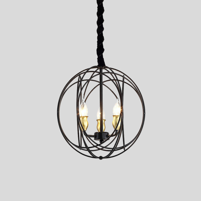 Black Candle Ceiling Pendant Rustic Metal 3 Bulbs Dining Room Chandelier Light with Globe Cage Clearhalo 'Ceiling Lights' 'Chandeliers' Lighting' options 882355