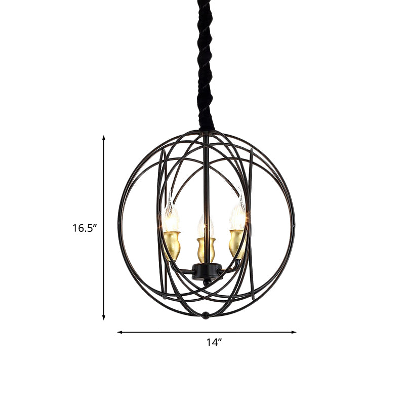 Black Candle Ceiling Pendant Rustic Metal 3 Bulbs Dining Room Chandelier Light with Globe Cage Clearhalo 'Ceiling Lights' 'Chandeliers' Lighting' options 882356