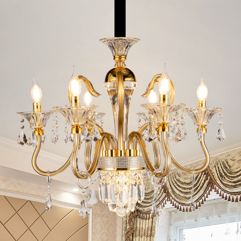 Crystal Candlestick Pendant Chandelier Mid-Century 6 Bulb Bedroom Hanging Lamp in Gold Gold Clearhalo 'Ceiling Lights' 'Chandeliers' Lighting' options 882357_26ba1aff-c538-49be-83d2-84674b7f4250